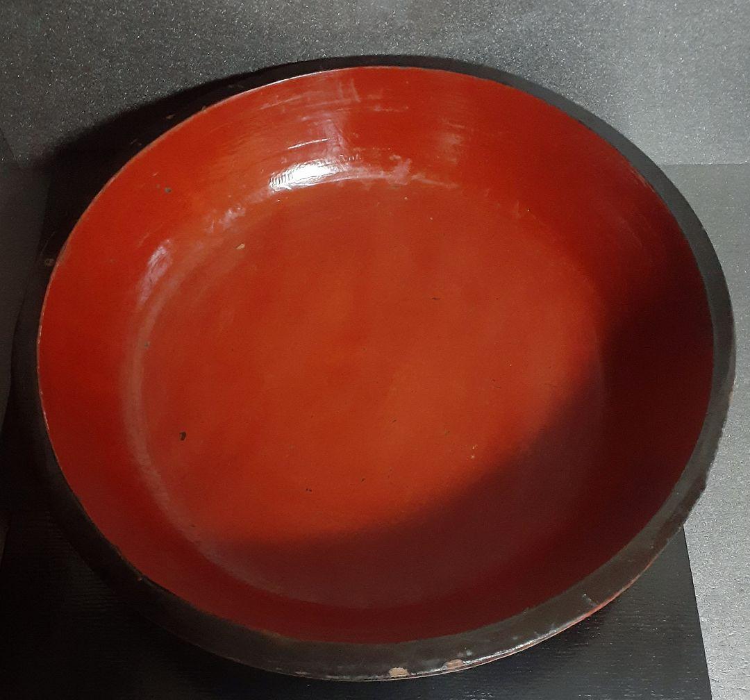 【古民芸】明治時代頃　本天然木　くり貫き　朱漆塗り　42.9cm　こね鉢　盆