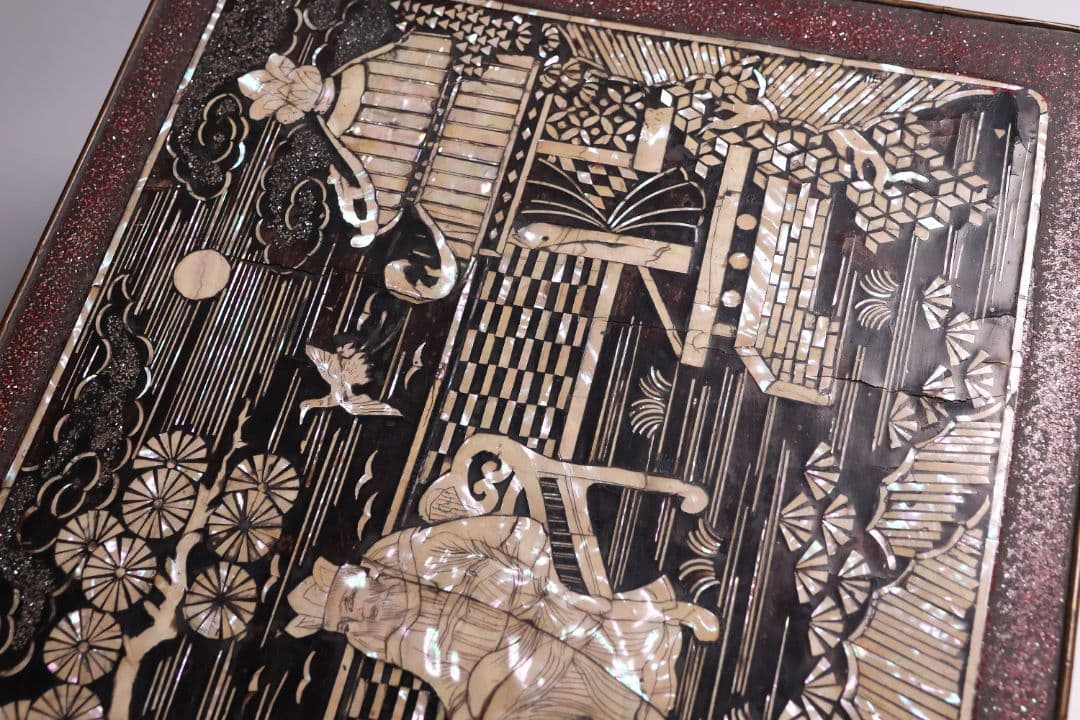 中国美術 螺鈿細工 平卓 46×28.3cm 人物 花台 香炉 木製【MA812