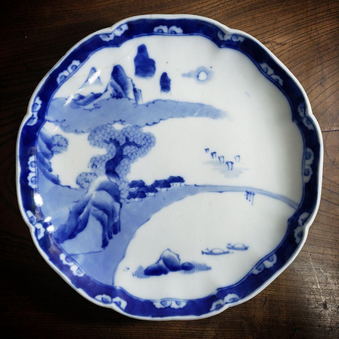 大皿　八寸皿　染付　輪花　山水図　古伊万里　江戸　鎹継ぎ　ハ号