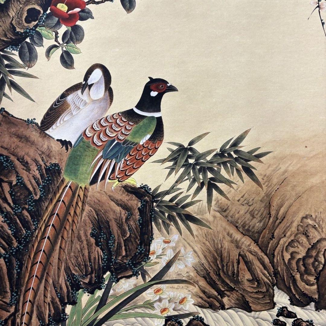 吕纪 山茶錦鶏図 中堂掛け軸　中国花鳥画　宣紙　書画工芸