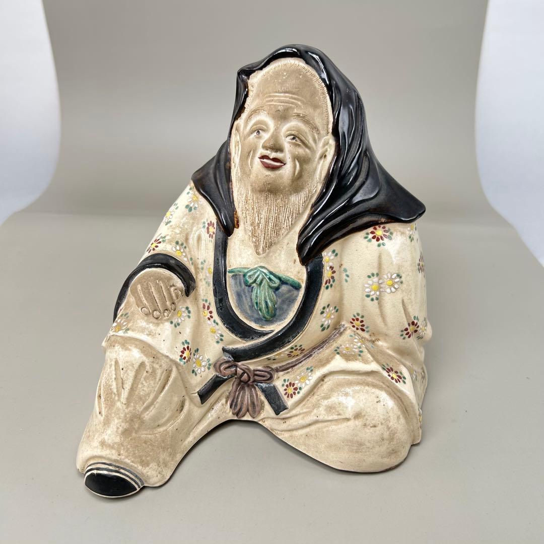 【平安竹泉】作 菊花仙俵着彩八十翁福禄寿 陶像 七福神 縁起物 昭和レトロ 置物