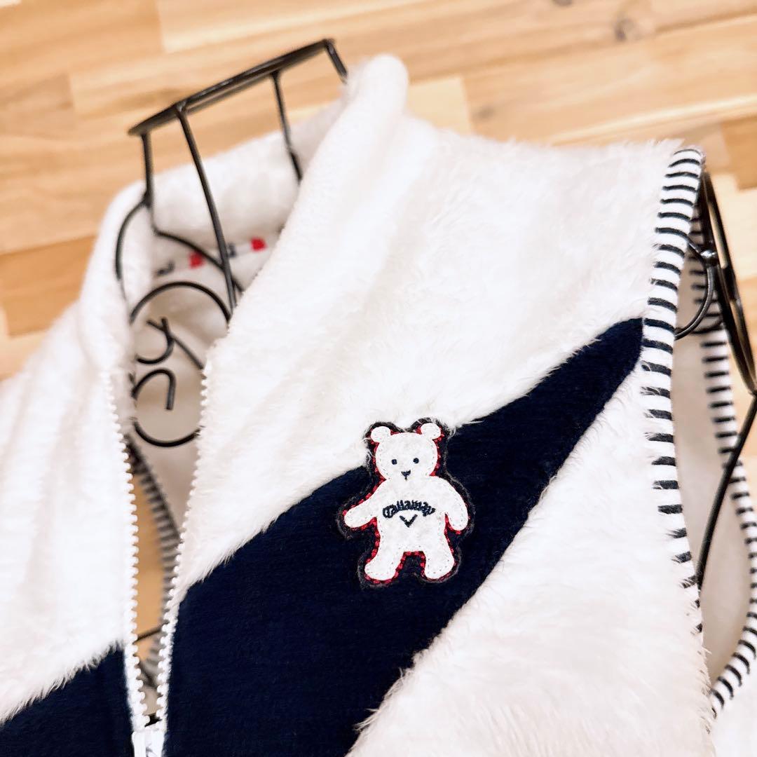 【キャロウェイ】ゴルフ ファー フリース 切り替えベスト ベア ワッペン L 白