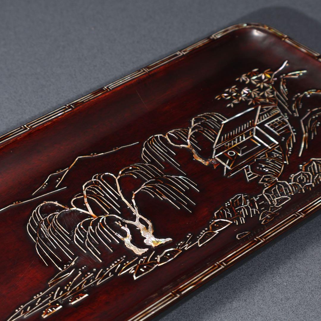 【茶道具】煎茶盆　螺鈿　山水文　桐箱　一文字盆　6R1521ダN2