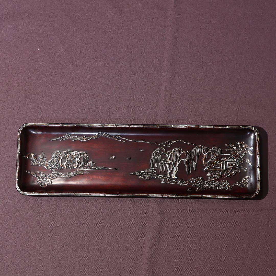 【茶道具】煎茶盆　螺鈿　山水文　桐箱　一文字盆　6R1521ダN2