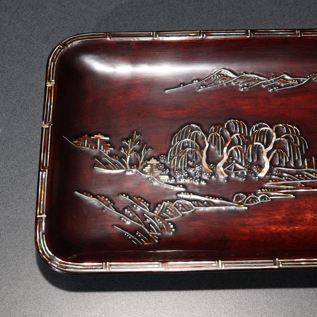 【茶道具】煎茶盆　螺鈿　山水文　桐箱　一文字盆　6R1521ダN2