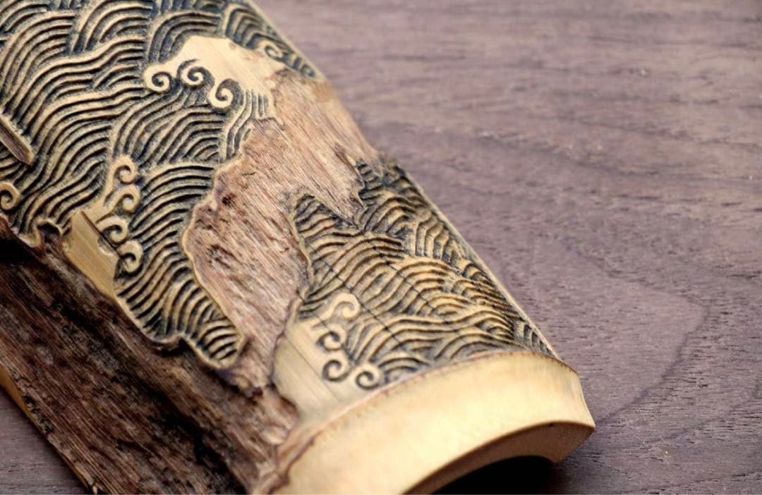 001虫喰い竹彫刻茶則、茶合、仙媒、茶道具、煎茶、煎茶道具、中国茶、日本茶