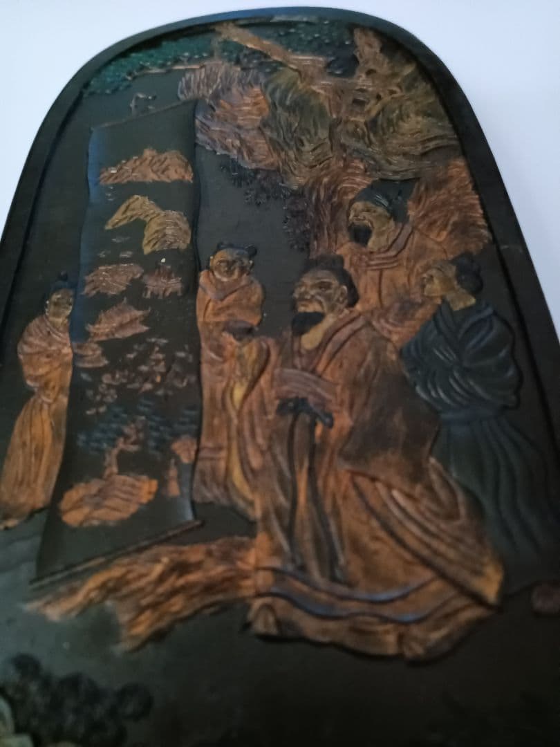 【本漆塗本蒔絵公家の図】江戸末期　総梨地硯箱➕️古硯【程君房】古黒仙入文　美術品