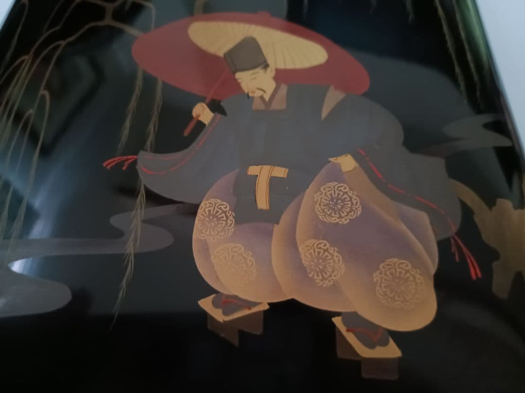 【本漆塗本蒔絵公家の図】江戸末期　総梨地硯箱➕️古硯【程君房】古黒仙入文　美術品