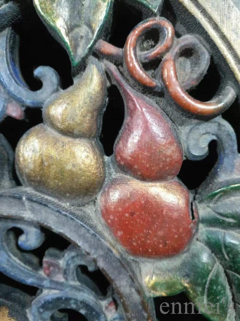 中国古美術 旧蔵 楠木製 漆器 円形 掛匾《葫蘆福》高浮彫 手彫り 古美味 置物