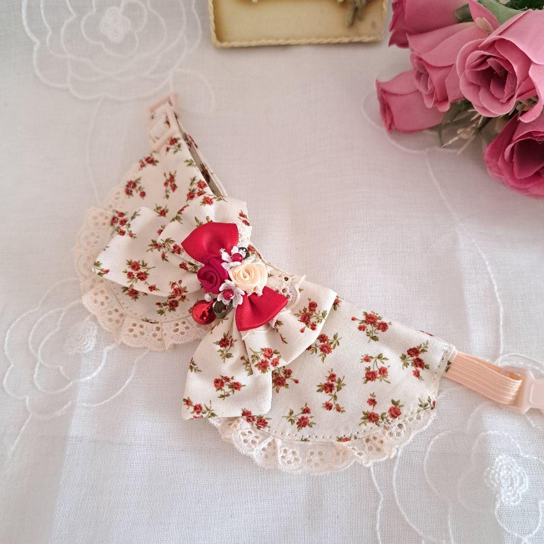 ミニチュアローズ柄わんちゃん猫ちゃん用襟付首輪