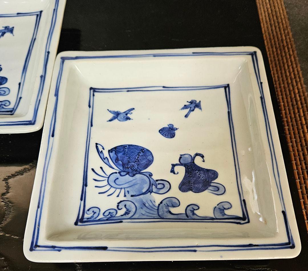 古余呂技窯】名工【川瀬竹春】造　中国明代　天啓染付写　祥瑞手　角皿　菓子皿　2客