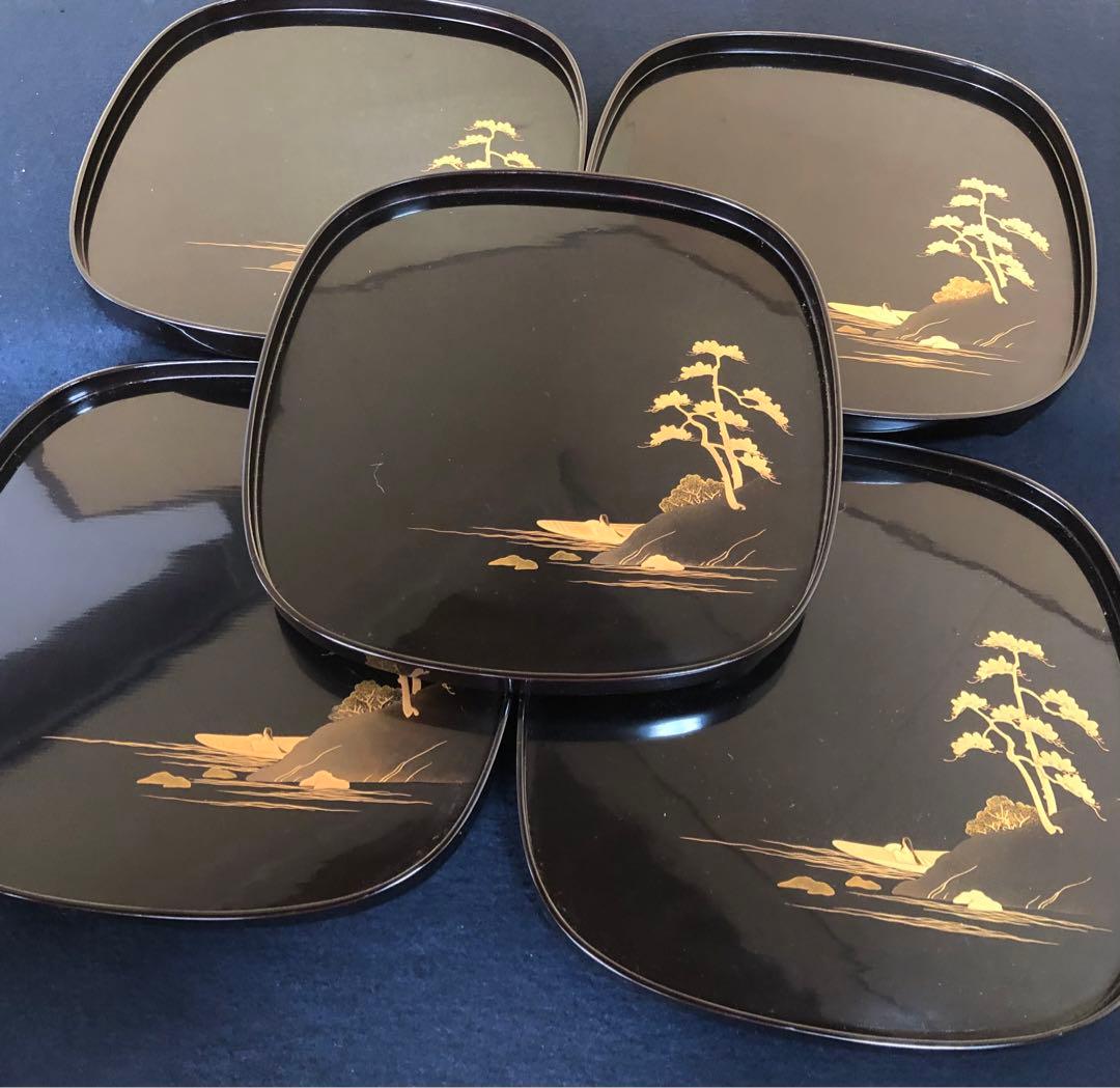 《レ》懐石 黒塗 金蒔絵 脚付 吸物膳10客 木製漆器 木箱　251127お1