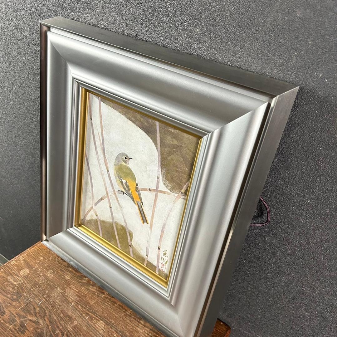 美品 平尾秀明「早春」日本画 肉筆画 共シール有 ジョウビタキ 花鳥 日展審査員