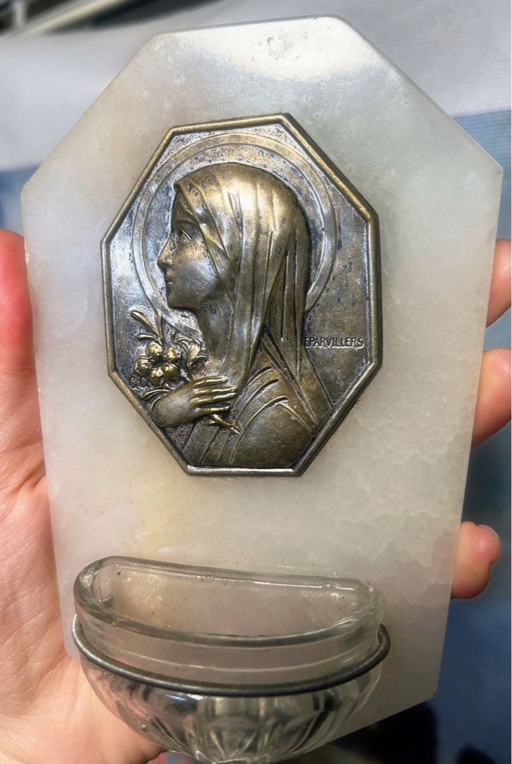 フランス　アンティーク　聖水盤　大理石 静か　聖母　ブロカント ベニティエ