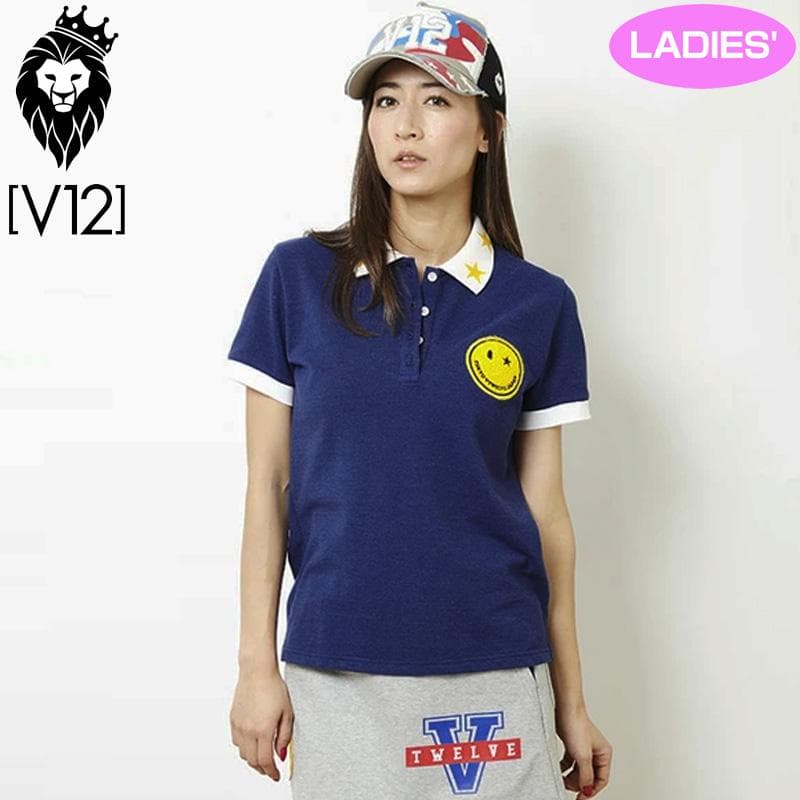 新品 V12 GOLF スマイルワッペン 半袖ポロシャツ ブルー M レディース