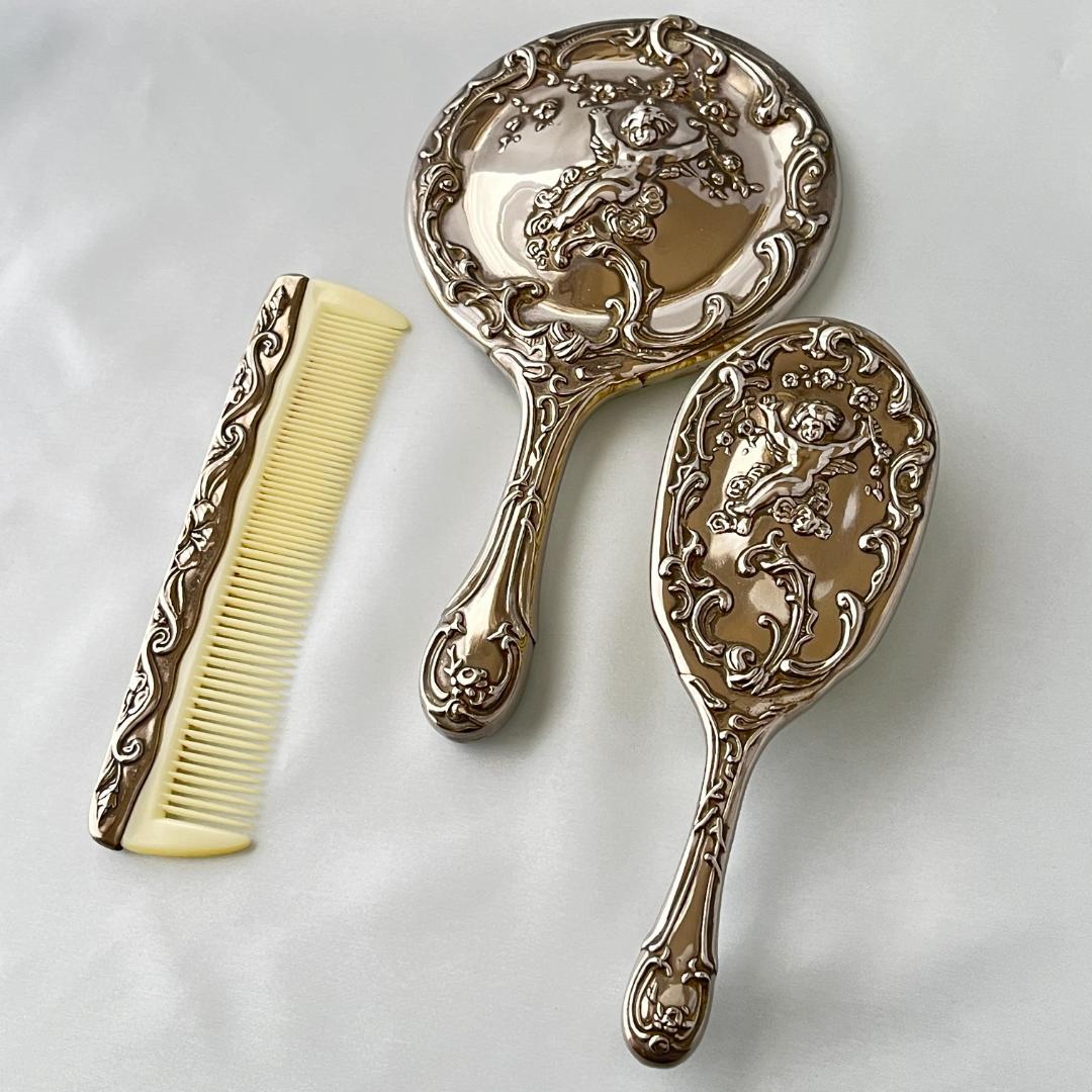 【天使と薔薇】 ロココのミラー/ブラシ/コーム【シルバープレート】 手鏡