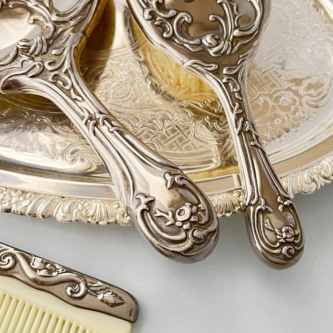 【天使と薔薇】 ロココのミラー/ブラシ/コーム【シルバープレート】 手鏡