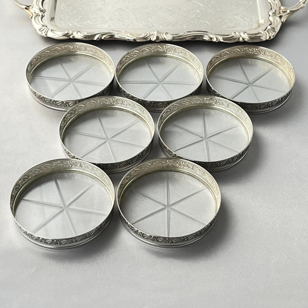 【Webster】 【純銀 / ガラス】レリーフのワイングラスコースター 8枚