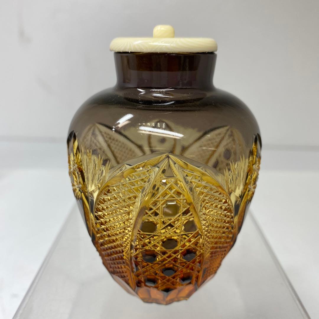 黒木国昭　綾切子　アンバーパープル二色切子茶入　共箱トニコ東さ7-0219☆2F