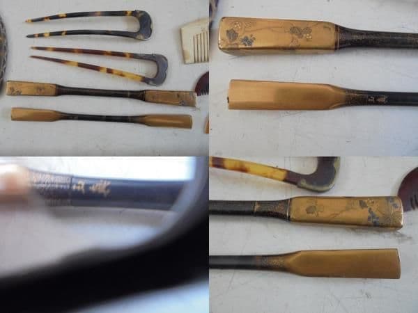 AKa6407　古い　櫛　笄　簪　緑のガラス玉？　セット　笄　玉真　銘入り有