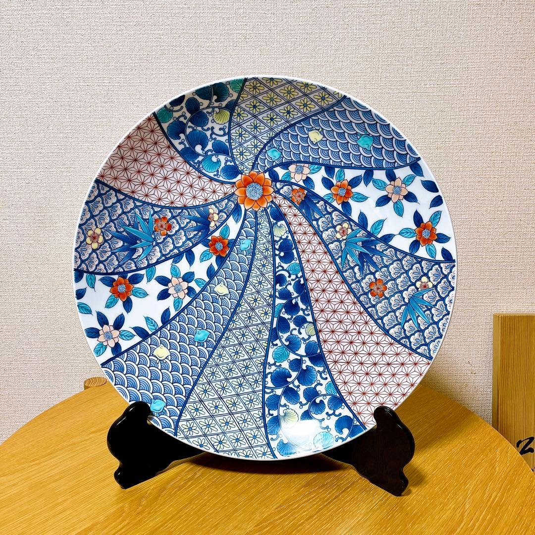 鍋島窯/市川公山 作/飾り皿/色絵/青海波花紋/大皿/鍋島焼/約46㎝/伝統工芸