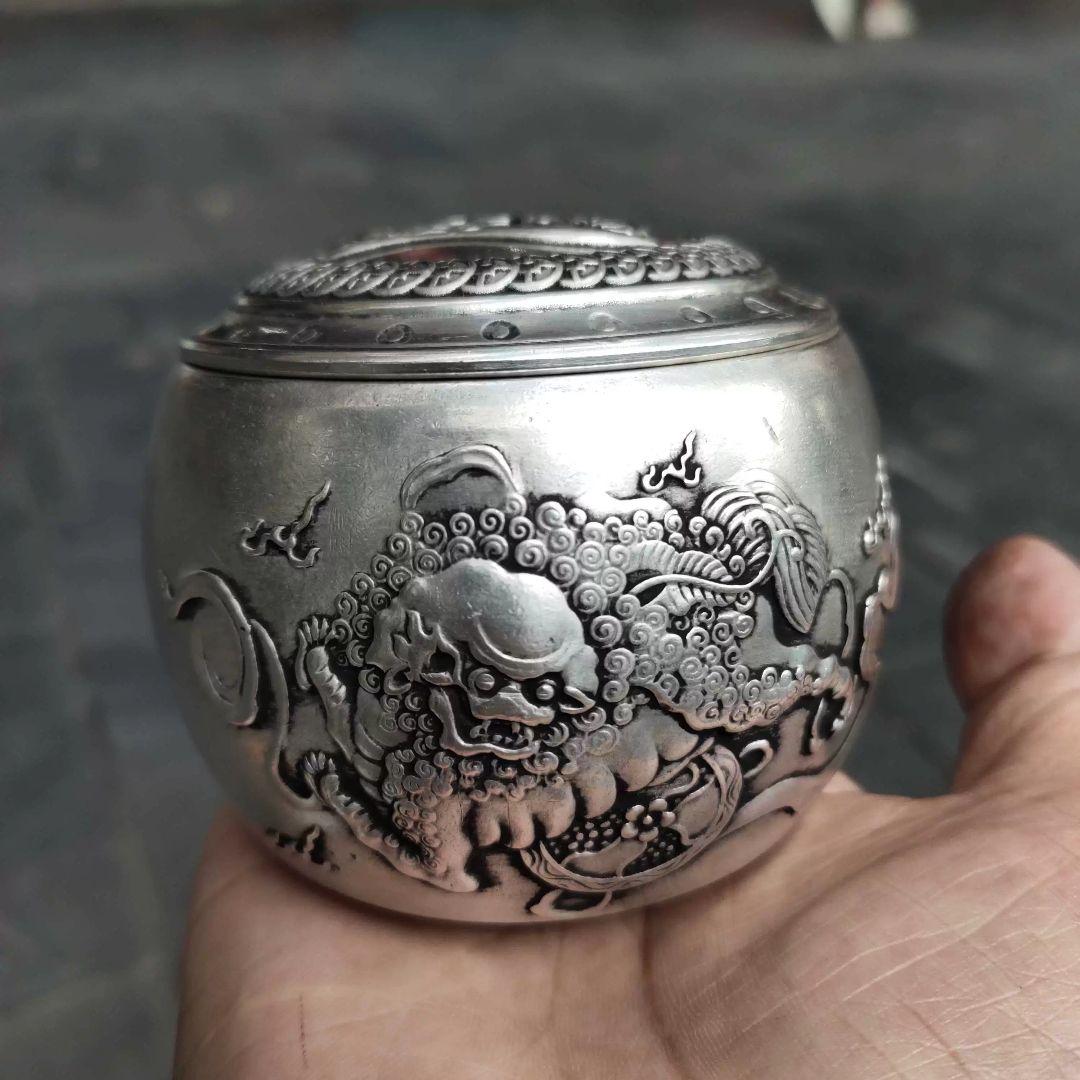 銅製 茶筒 招財進宝獅子茶筒 茶道具 香道具 装飾品 工芸品 置物