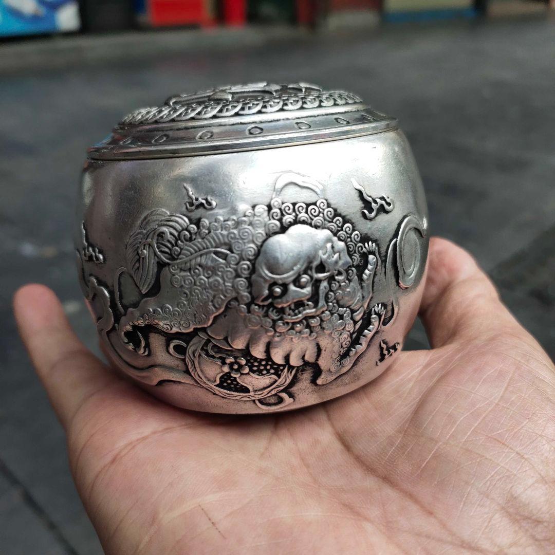 銅製 茶筒 招財進宝獅子茶筒 茶道具 香道具 装飾品 工芸品 置物