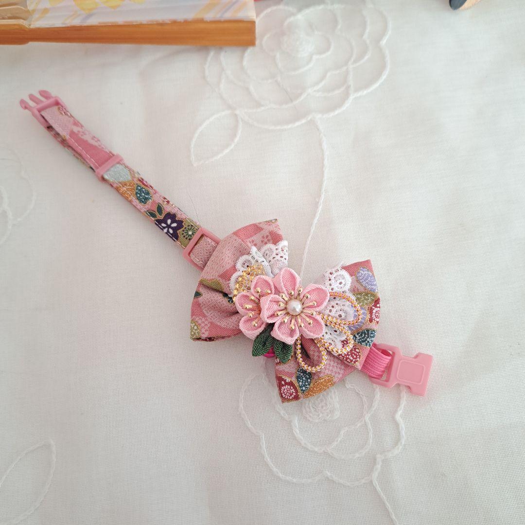 お正月、つまみ細工リボ(ピンク④)わんちゃん猫ちゃん用首輪