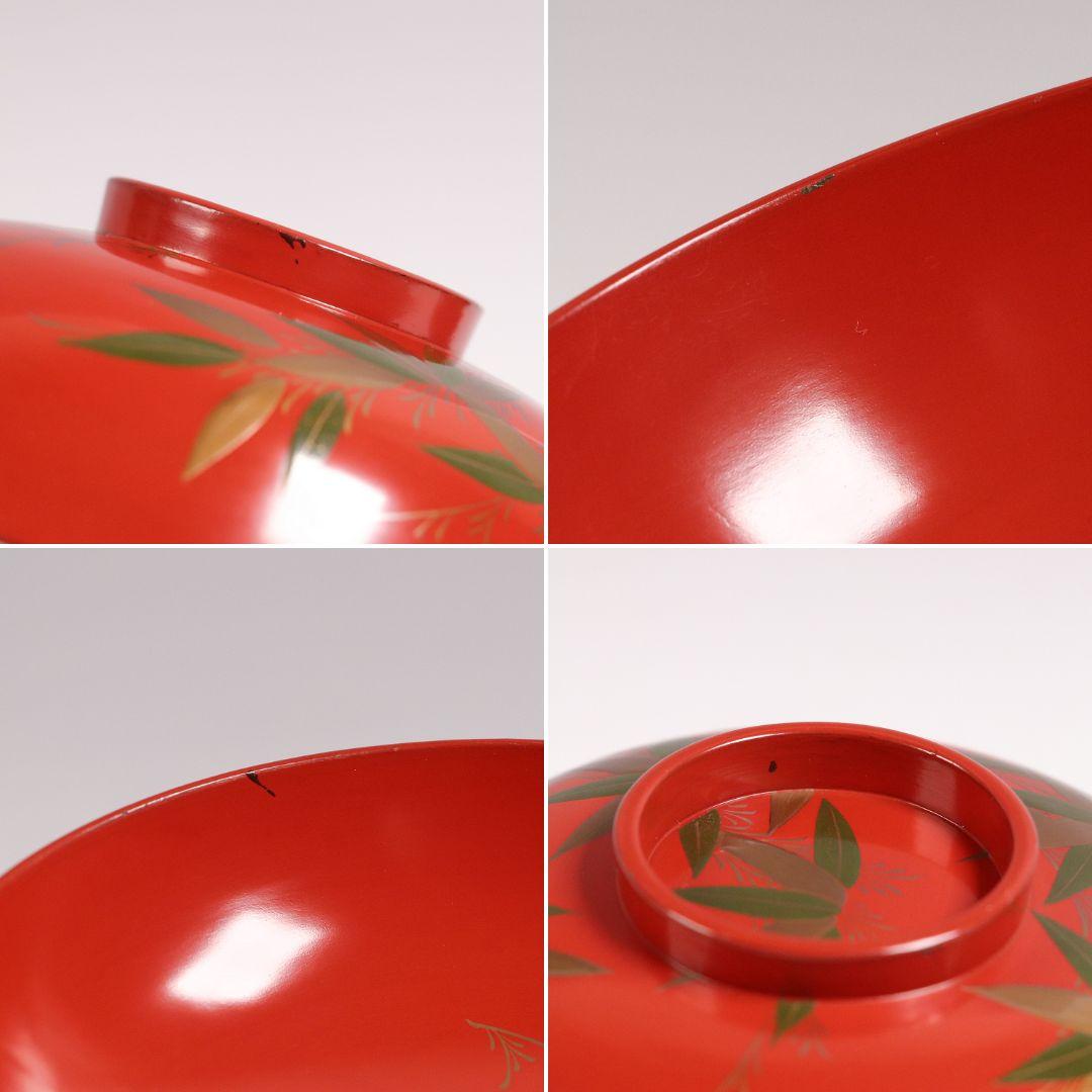 CG34 輪島塗 時代木製漆器 竹笹蒔絵 朱塗御吸物椀 五客 / 伝統漆芸茶懐石