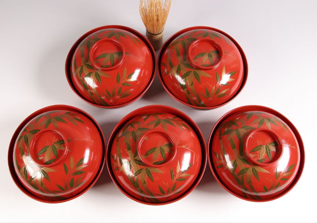 CG34 輪島塗 時代木製漆器 竹笹蒔絵 朱塗御吸物椀 五客 / 伝統漆芸茶懐石