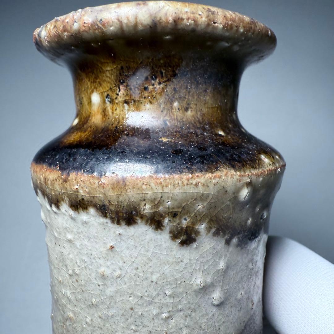 古唐津　花生　共箱　古美術　枯れの美　釉薬の流れ　19cm　蒐集家放出品