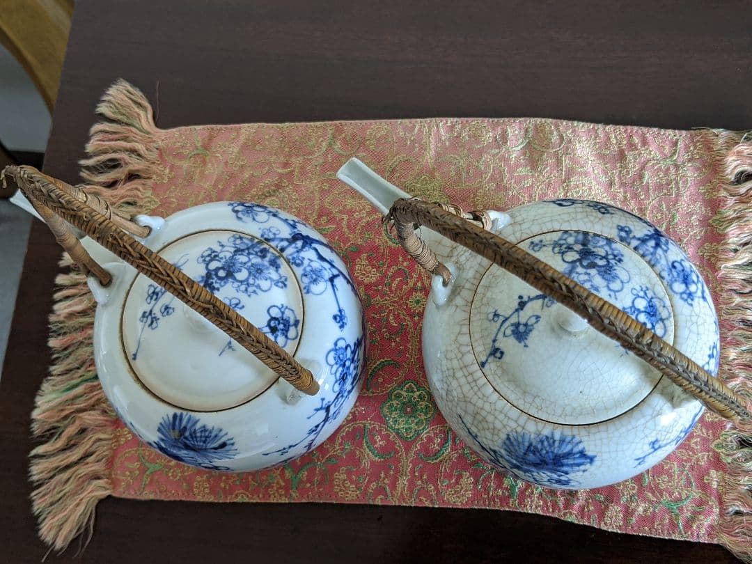 ⭐染付 松葉梅花文様 銚子1対 京焼 真葛焼 宮川香齋作 明治時代の骨董品