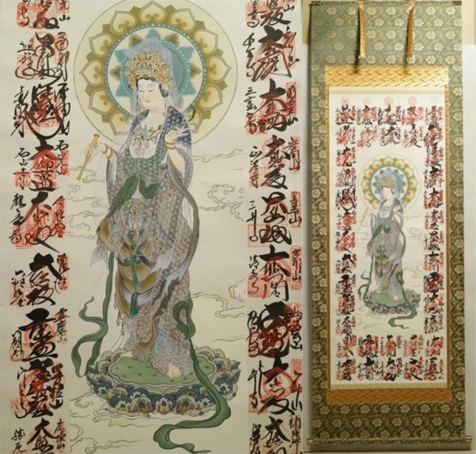 掛軸『西国三十三箇所霊場巡礼満願御朱印集印譜』絹本 共箱 掛け軸 x190919