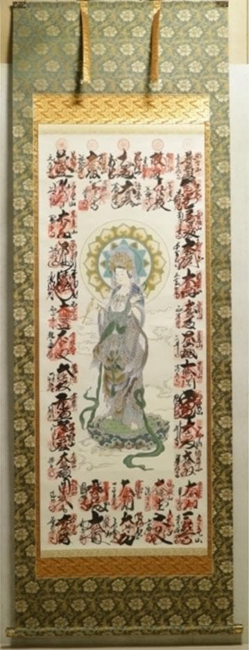 掛軸『西国三十三箇所霊場巡礼満願御朱印集印譜』絹本 共箱 掛け軸 x190919