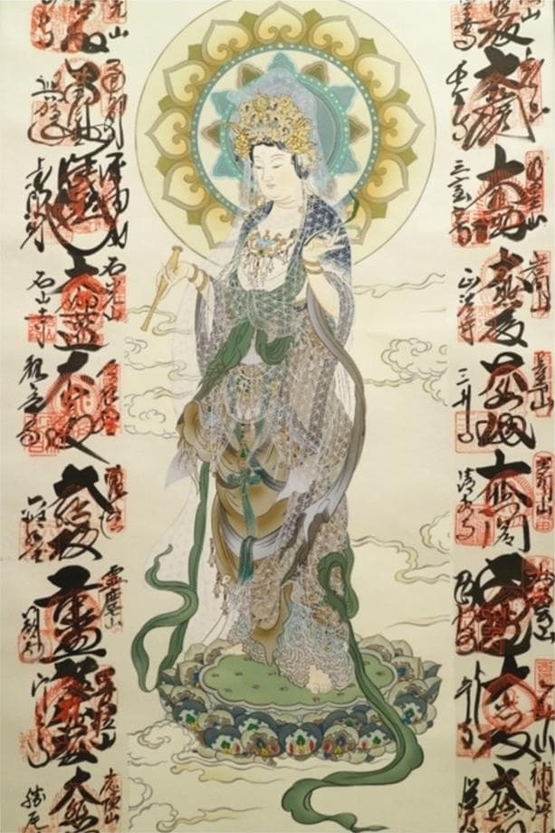 掛軸『西国三十三箇所霊場巡礼満願御朱印集印譜』絹本 共箱 掛け軸 x190919