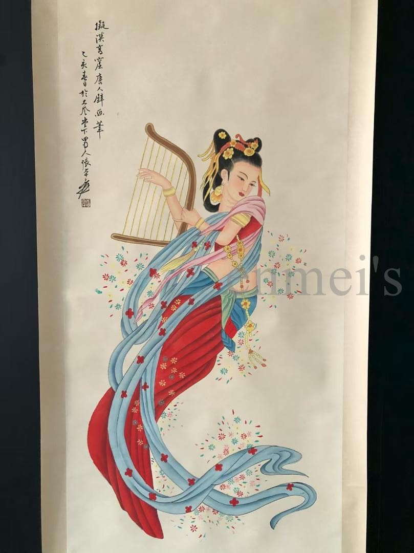 中国古美術・純手描き四尺人物掛軸・国画・張大千印款・宣紙・賞物・肉筆・文房置物