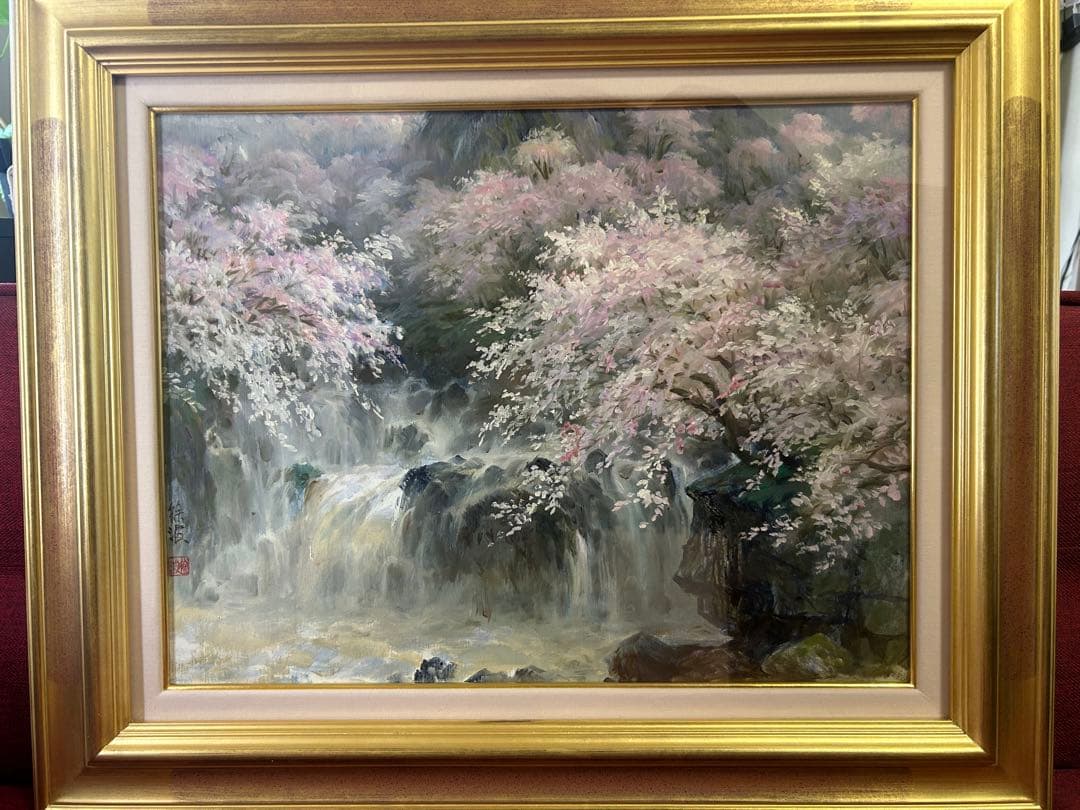 徐波氏　滝と桜の油彩画 大きめのフレーム