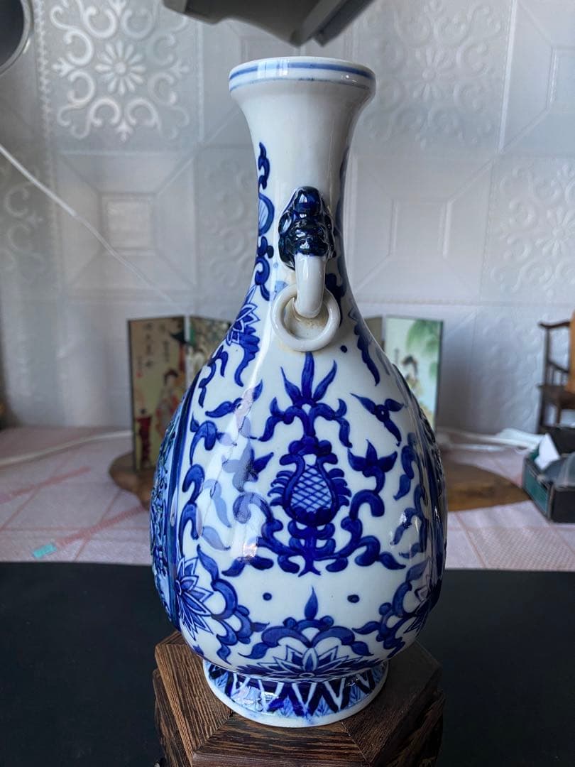 中国古玩　青花 染付　双耳 花瓶 壺　大明成化年製　唐物 時代物