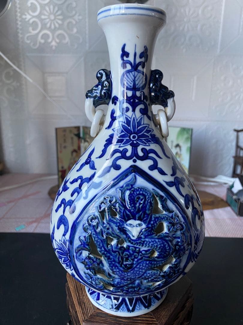 中国古玩　青花 染付　双耳 花瓶 壺　大明成化年製　唐物 時代物