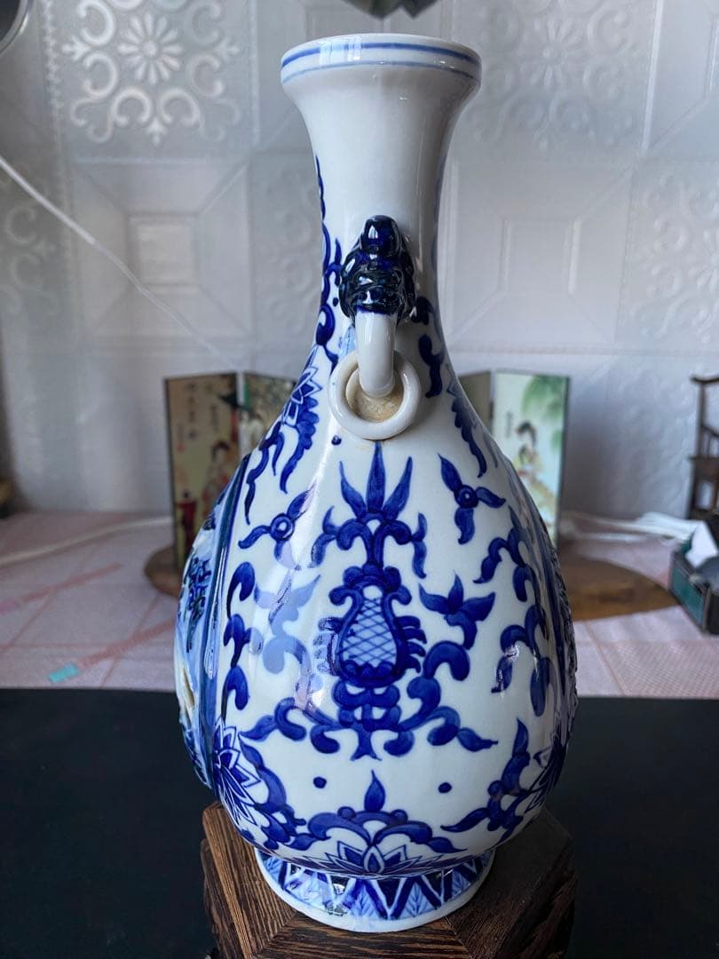 中国古玩　青花 染付　双耳 花瓶 壺　大明成化年製　唐物 時代物