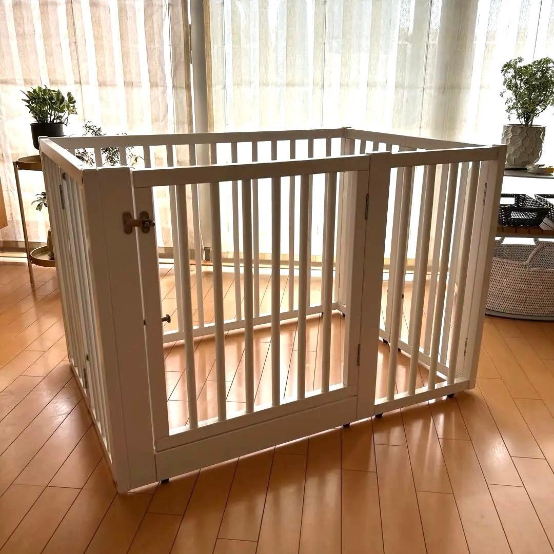 石崎家具 木製ワンタッチペットサークル ホワイトS 犬用ケージ 天然木 日本製