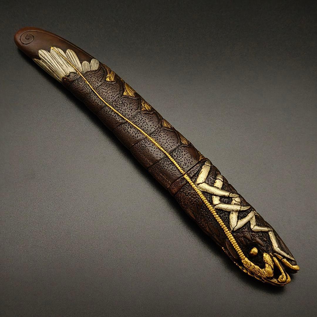 年末セール　銅製刀装具　短刀拵え　柄鞘　伊勢海老の図　金銀メッキ　金工　細工