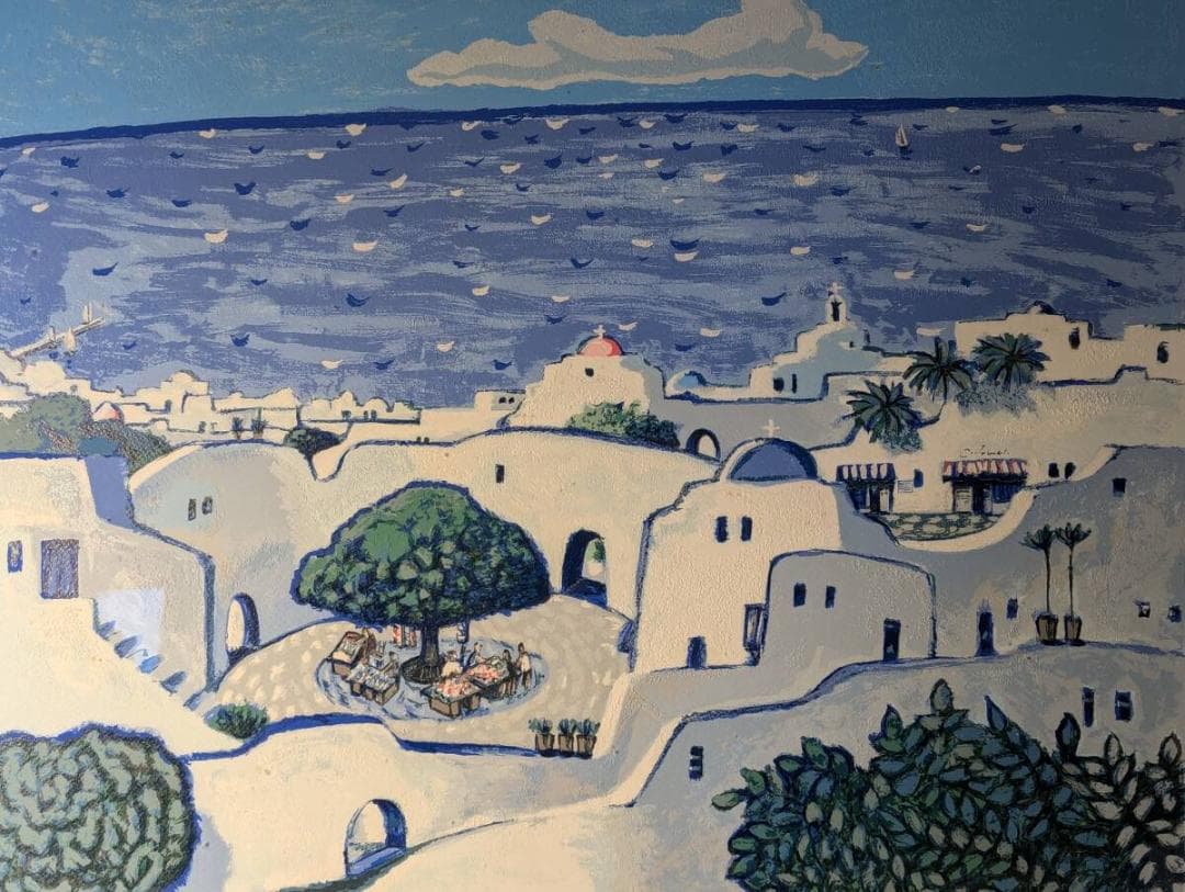 【真作】版画　技法不明　地中海の風景　輝く青と白のコントラスト　V114