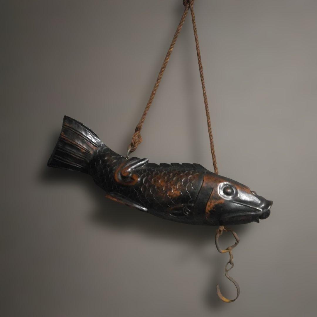 時代物 木製／自在鉤 魚 鯉 横木 全長47cm 囲炉裏 古民芸