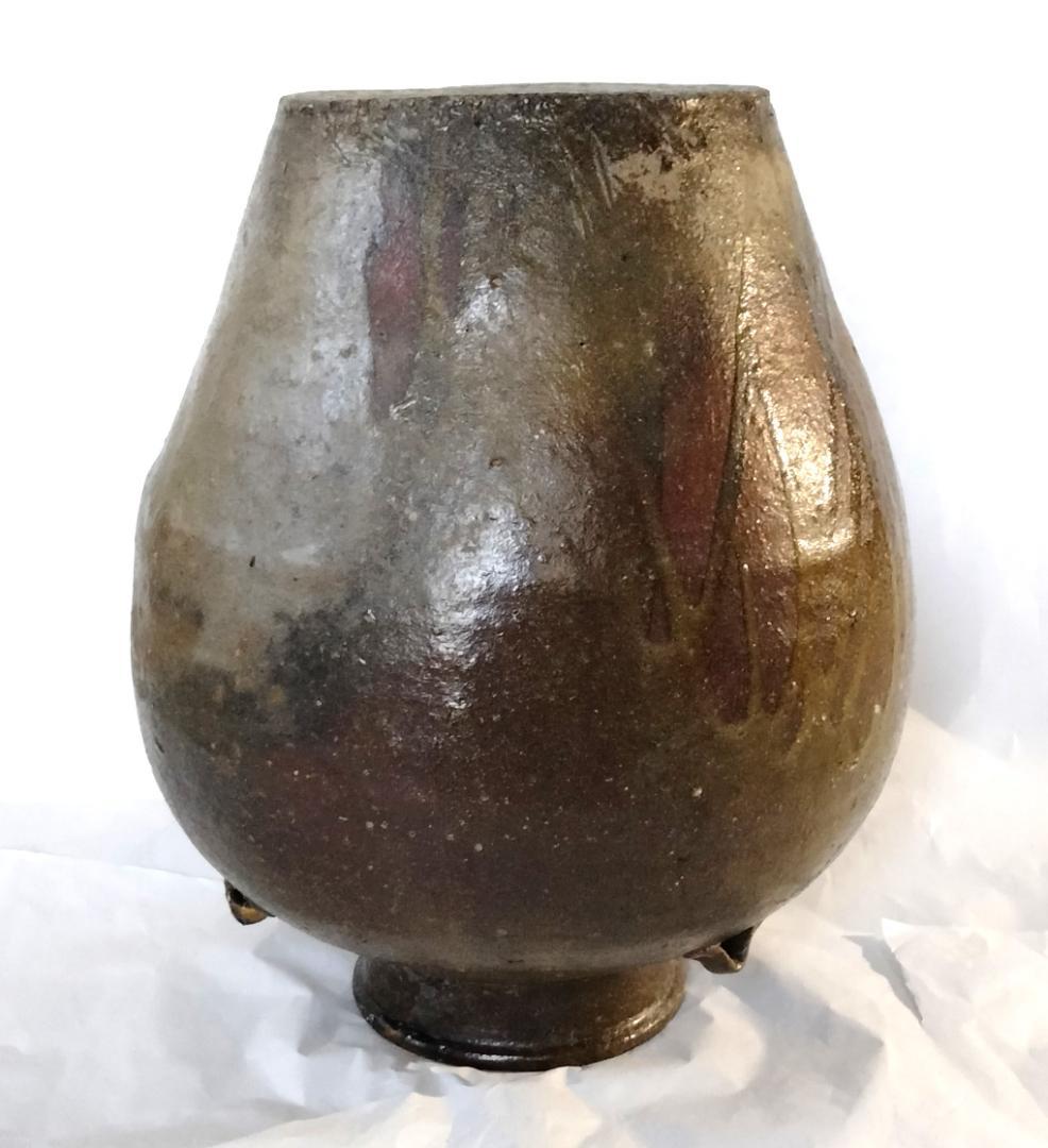 壺 三耳 モスグリーンと黒の釉薬雨垂れ 骨董 Ag-235