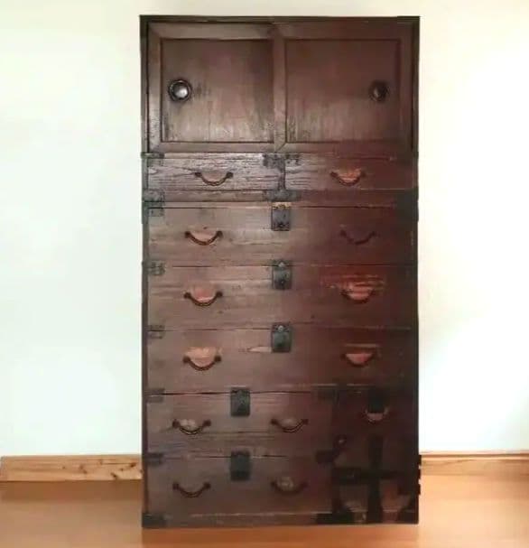 幕末〜明治初期頃　帳場箪笥 商家用／鉄金具多数／書き印あり