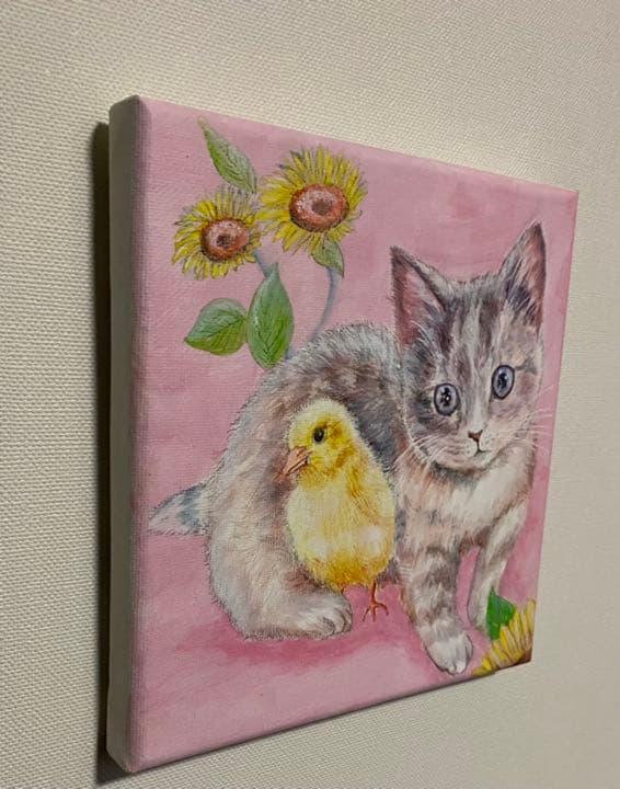 ひよこと猫ちゃん　アクリル画直筆