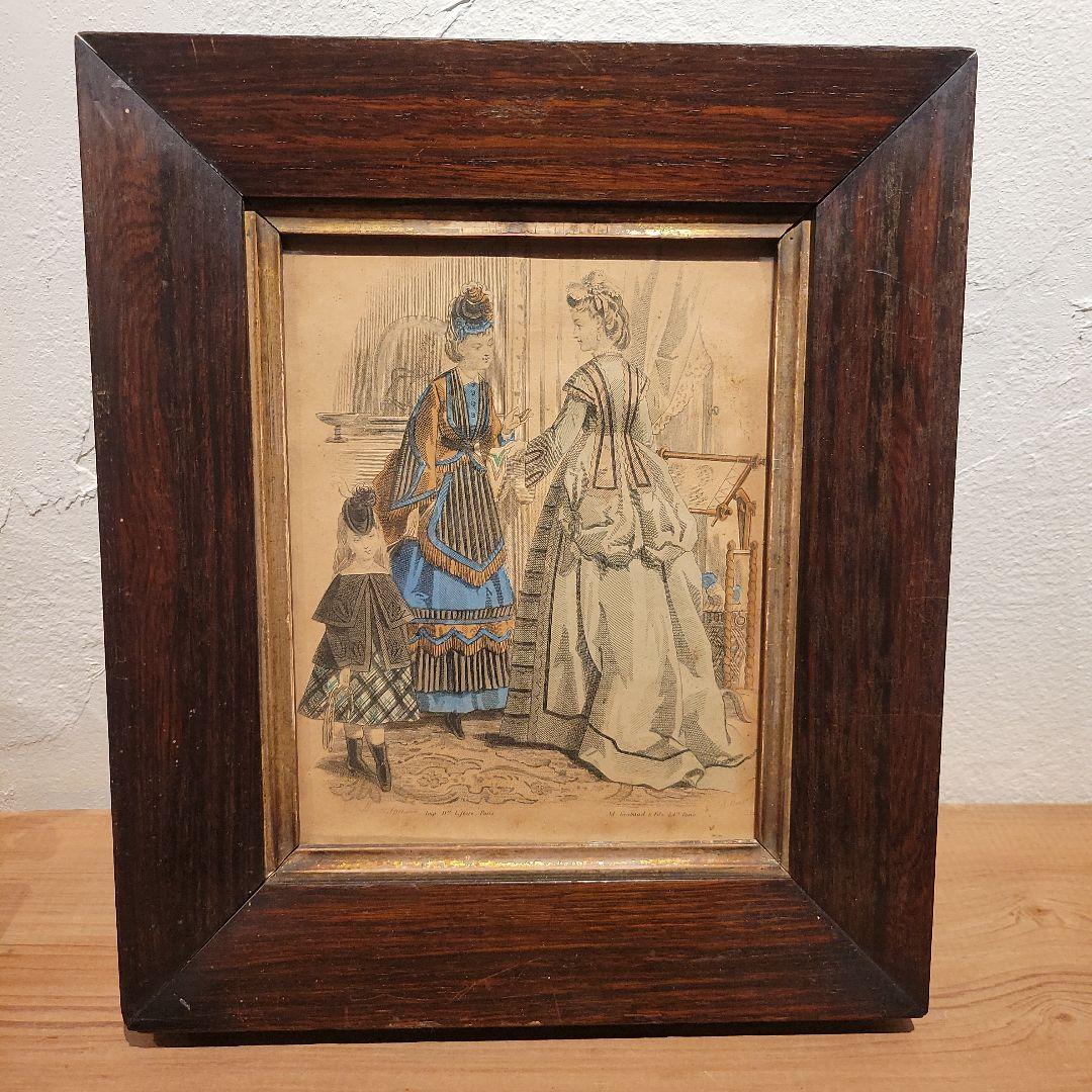 古い　フランスの挿し絵　木製額入り