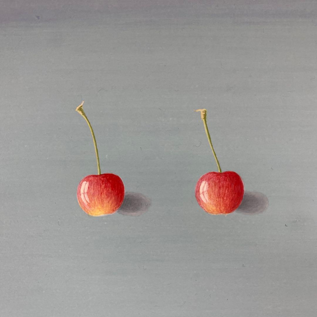 美品 掛け軸 城康夫作「初夏」さくらんぼ図 共箱 太巻き付 美術年鑑掲載