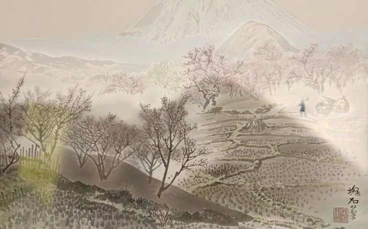 塊石版画、下曽我の梅林と富士、（富士25図の内)定石塊石画昭和6年出版